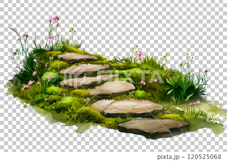 Stone Pathway with Lanterns and Lush Greenery, Scenic Garden Illustration in Watercolor Style on Transparent Background Stone Pathway with Lanterns and Lush Greenery, Scenic Garden Illustration in Watercolor Style on Transparent Background 120525068