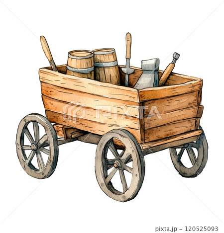 Rustic Wooden Cart with Tools and Barrels, Watercolor Illustration of Vintage Farm Equipment, Countryside Transport Scene in Warm Natural Tones 120525093