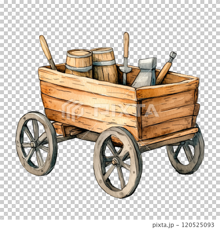 Rustic Wooden Cart with Tools and Barrels, Watercolor Illustration of Vintage Farm Equipment, Countryside Transport Scene in Warm Natural Tones 120525093