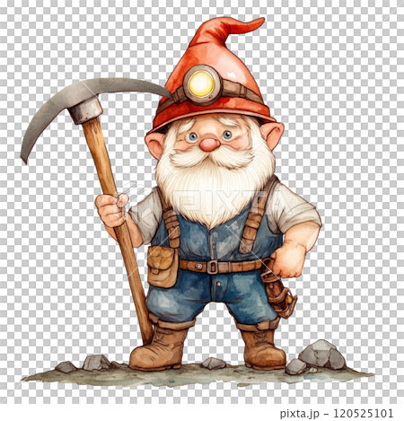 Miner Gnome with Pickaxe, Charming Fantasy Character in Hard Hat and Orange Uniform, Watercolor Illustration for Fairy Tale, Mining, Industrial, and Adventure-Themed Designs 120525101
