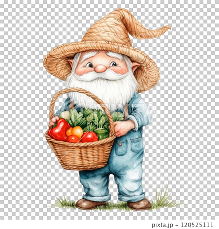 Watercolor Illustration of a Farmer Gnome Holding a Basket of Fresh Vegetables, Whimsical Fantasy Character Design on Transparent Background 120525111