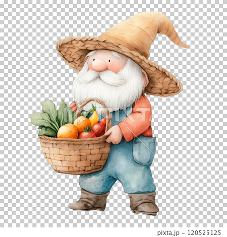 Watercolor Illustration of a Farmer Gnome Holding a Basket of Fresh Vegetables, Whimsical Fantasy Character Design on Transparent Background 120525125