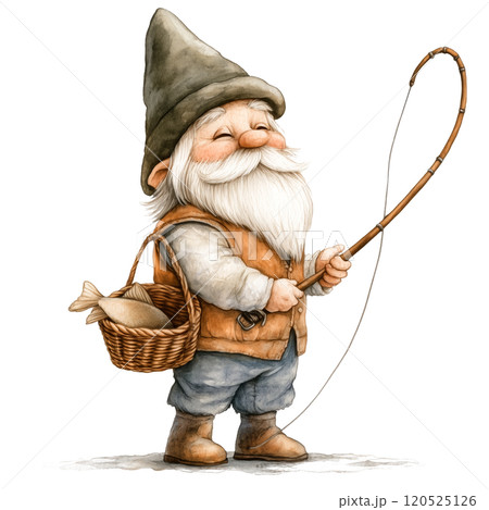 Watercolor Illustration of a Fisherman Gnome with a Fishing Rod and Basket of Fish, Whimsical Fantasy Character Design on Transparent Background 120525126