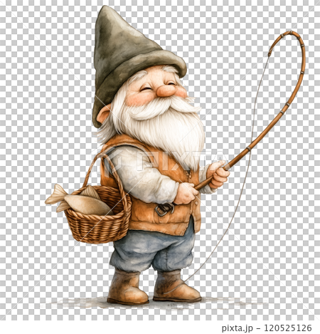 Watercolor Illustration of a Fisherman Gnome with a Fishing Rod and Basket of Fish, Whimsical Fantasy Character Design on Transparent Background 120525126