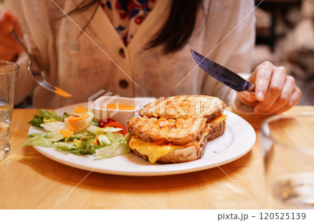 トーストしたキムチとチーズのキムチサンドイッチをフォークとナイフで食べる若い女性 120525139