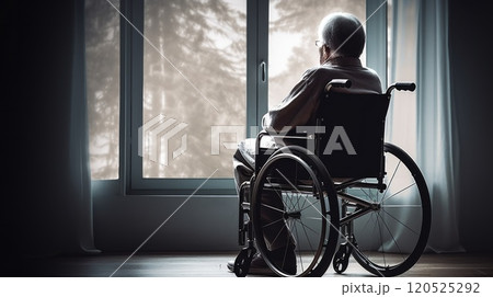 Picture of lonely elderly man looks sad in the retirement home while sitting in the wheelchair. Neural network ai generated art 120525292