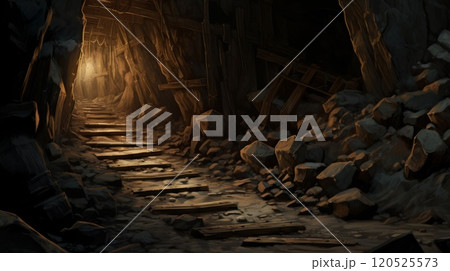 Mysterious dungeon tunnel with walls made of stone. Neural network ai generated art 120525573