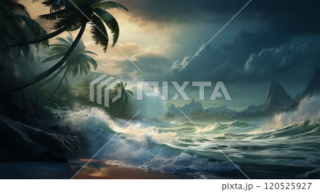 Hurricane on the coast of fictional tropical island. Neural network ai generated art 120525927
