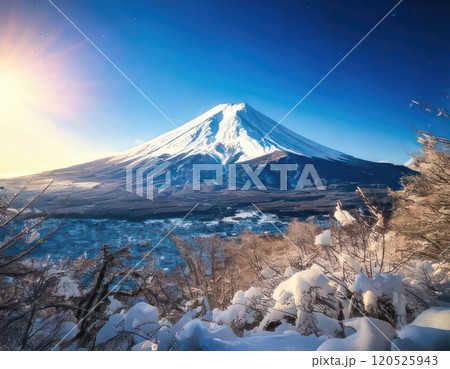 《AI画像》雪の積もる冬の富士山と湖 120525943