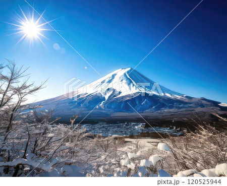 《AI画像》雪の積もる冬の富士山と湖 120525944