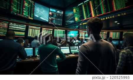 Many people watch statistics on big monitors in betting room or sports bar. Neural network ai generated art 120525993