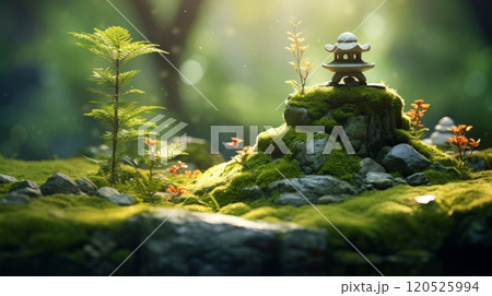 Small stone building in mossy rocks with small stones and grass. Neural network ai generated art 120525994
