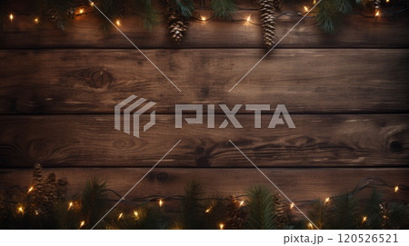Old wood background with fir branches. Space for a greeting message. Neural network ai generated art Old wood background with fir branches. Space for a greeting message. Neural network ai generated art 120526521