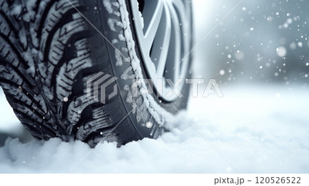 Winter Car tires with snow close-up wheel profile structure. Neural network ai generated art Winter Car tires with snow close-up wheel profile structure. Neural network ai generated art 120526522