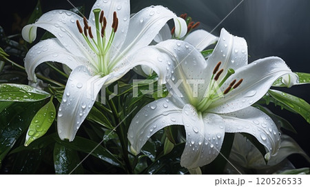 White lilly flower garden with morning dew, nature background, spring and summer season. Neural network ai generated art 120526533
