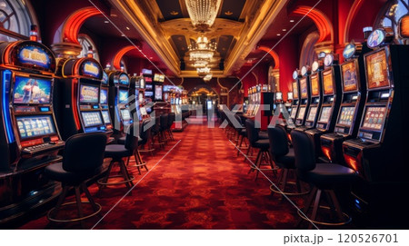 Colorful casino interior with many slot machines and gambling mood. Neural network ai generated art 120526701