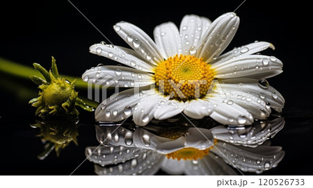 Garden daisies Leucanthemum vulgare close up flowering in water drops. Neural network ai generated art 120526733