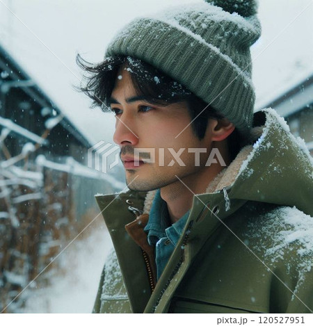 大雪が降る豪雪地域で道路復旧作業をしている男性 120527951