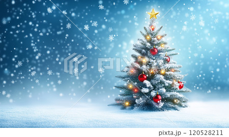 雪景色のクリスマスツリーとオーナメント 120528211