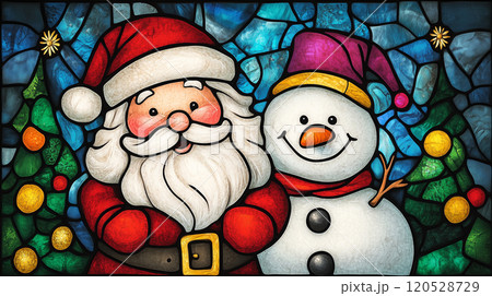 ステンドグラス風のサンタと雪だるまのイラスト素材 [120528729] - PIXTA