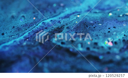 Shimmering emulsion. Sparkling fluid flow. Blur blue black color shiny glitter particles wet foam water pigment ink liquid mix abstract art background. Shimmering emulsion. Sparkling fluid flow. Blur blue black color shiny glitter particles wet foam water pigment ink liquid mix abstract art background. 120529257