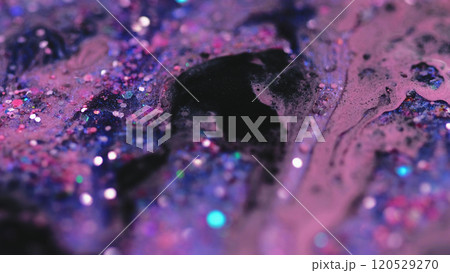 Glitter ink drip. Shiny paint mix. Blur purple pink black color shimmering sequin particles oil emulsion fluid spill abstract art background with bokeh lights. Glitter ink drip. Shiny paint mix. Blur purple pink black color shimmering sequin particles oil emulsion fluid spill abstract art background with bokeh lights. 120529270