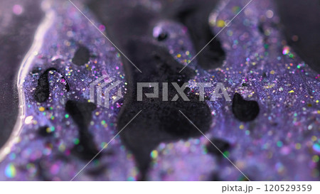 Sparkling ink drip. Glitter liquid texture. Blur purple black color iridescent sequin particles gloss oil paint fluid spill abstract art background with bokeh lights. 120529359