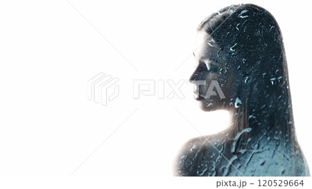 Art portrait. Rain dream. Water drops blur lights in woman silhouette double exposure isolated on beautiful white copy space background. Art portrait. Rain dream. Water drops blur lights in woman silhouette double exposure isolated on beautiful white copy space background. 120529664