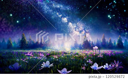 ゲーム背景　幻想的な夜の花畑と天の川森壁紙	 120529872