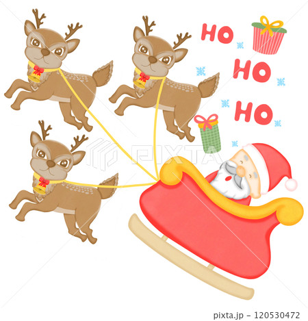 Three reindeer pulling Santa through the sky as he laughs, 'Ho Ho Ho! Three reindeer pulling Santa through the sky as he laughs, 'Ho Ho Ho! 120530472