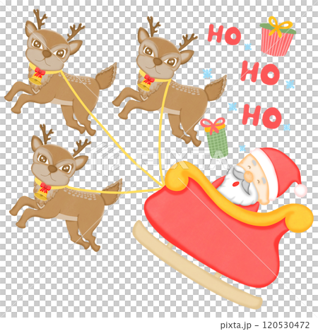 Three reindeer pulling Santa through the sky as he laughs, 'Ho Ho Ho! Three reindeer pulling Santa through the sky as he laughs, 'Ho Ho Ho! 120530472