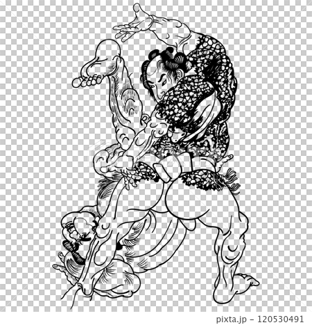 "The Water Margin of Japan: 800 Heroes and One Piece," "Tengan Isobe," "Yaksha Storm" - Utagawa Kuniyoshi 120530491