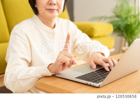 リビングでパソコンを触って人差し指を立てるミドル〜シニア女性 120530658