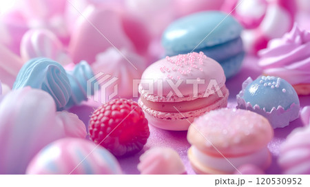 Pink and blue pastel color Closeup French macarons with blurred background Variety of Pastel color. Sweet and dessert Pastry 120530952