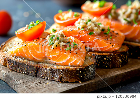 Danish smorrebrod traditional open sandwich at Copenhagen food market store. sandwich on display with salmon seafood, tomatoes, herb and vegetable. 120530984