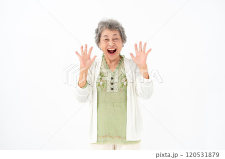 シニア女性　ポートレート　驚く 120531879
