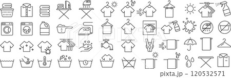 ベクターでモノクロのランドリーに関する線画アイコンセット ベクターでモノクロのランドリーに関する線画アイコンセット 120532571