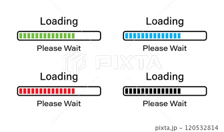 Rectangular bar loading please wait symbol icon set in four different colors. Loading 70 percent please wait progress bar infographics in green, blue, red and black color isolated on white background. 120532814