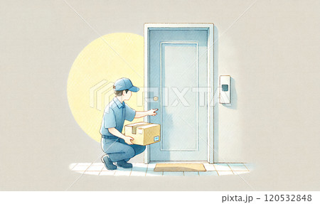 玄関前に置き配をする配達員 120532848