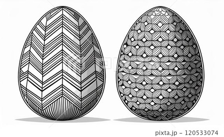 illustration of two Easter eggs decorated with intricate geometric patterns, featuring zigzag and floral designs, line art invites creativity, making it ideal for both kids, AI-generated  120533074