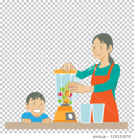 ジューサーでジュースを作る親子 120533076