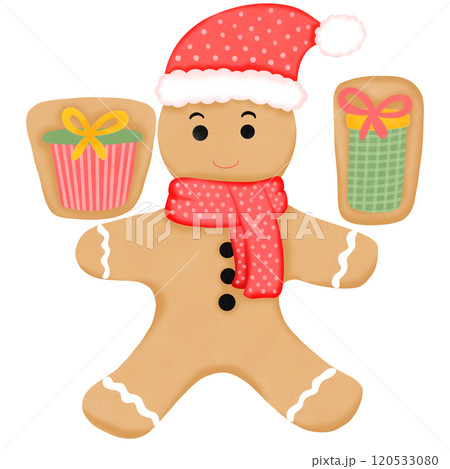 A cartoon cookie shaped like a gingerbread, decorated with two gift boxes. A cartoon cookie shaped like a gingerbread, decorated with two gift boxes. 120533080
