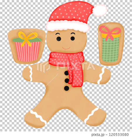 A cartoon cookie shaped like a gingerbread, decorated with two gift boxes. A cartoon cookie shaped like a gingerbread, decorated with two gift boxes. 120533080