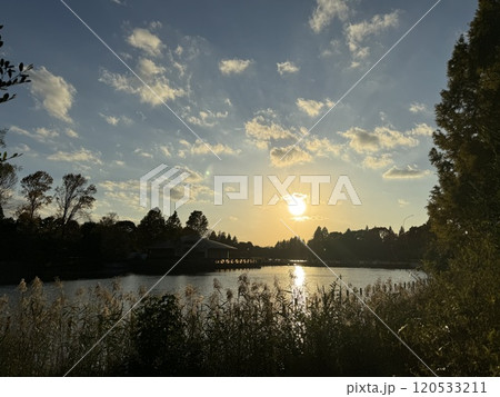 水面に映る夕日 水面に映る夕日 120533211