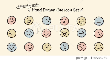 線の編集が可能なベクターイラスト。手描きのいろいろな表情の顔のビンテージ風アイコンセット 線の編集が可能なベクターイラスト。手描きのいろいろな表情の顔のビンテージ風アイコンセット 120533259