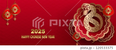 Happy Chinese New Year. Isolated golden glitter snake in round figured frame Happy Chinese New Year. Isolated golden glitter snake in round figured frame 120533375