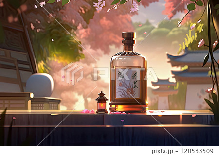 春の日差しの中に輝く日本酒の酒瓶 120533509