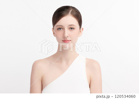 Beautiful young woman with clean fresh skin on white background, Face care, Facial treatment, Cosmetology, beauty and spa, women portrait. 120534060