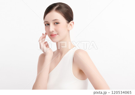 Beautiful young woman with clean fresh skin on white background, Face care, Facial treatment, Cosmetology, beauty and spa, women portrait. 120534065