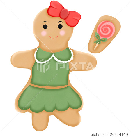 A cartoon gingerbread cookie in a green skirt with a red bow, paired with a candy-patterned cookie. A cartoon gingerbread cookie in a green skirt with a red bow, paired with a candy-patterned cookie. 120534149
